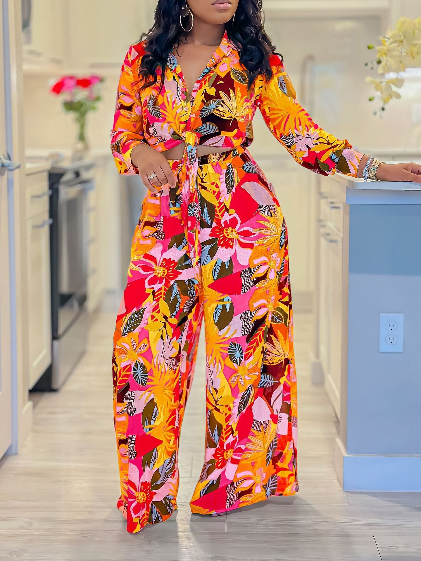 Printed Two-Piece Set with Collar Tie Shirt & Wide-Leg Pants
