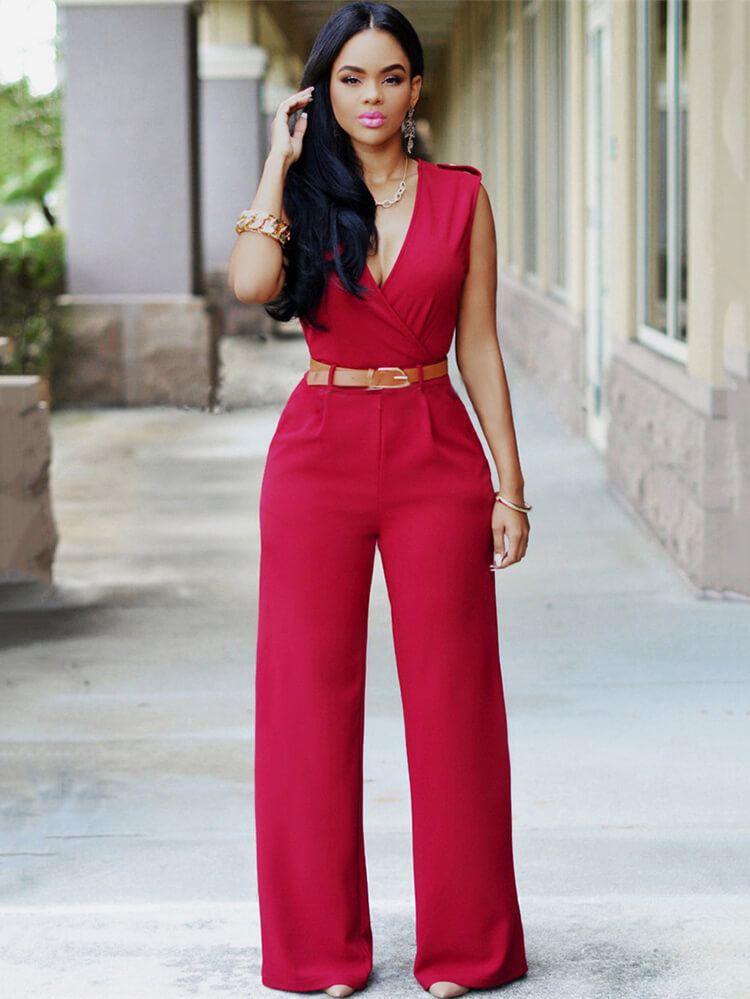 Sleevelesss V Neck Solid Wide Leg Jumpsuit