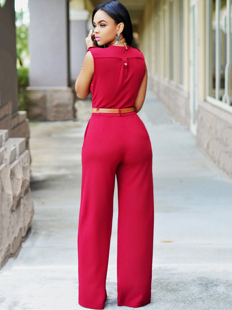 Sleevelesss V Neck Solid Wide Leg Jumpsuit