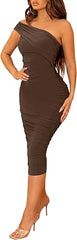 One Shoulder Ruched Bodycon Midi Dress