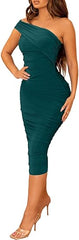 One Shoulder Ruched Bodycon Midi Dress