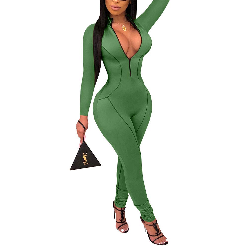 V Neck Long Sleeve Bodycon Jumpsuit