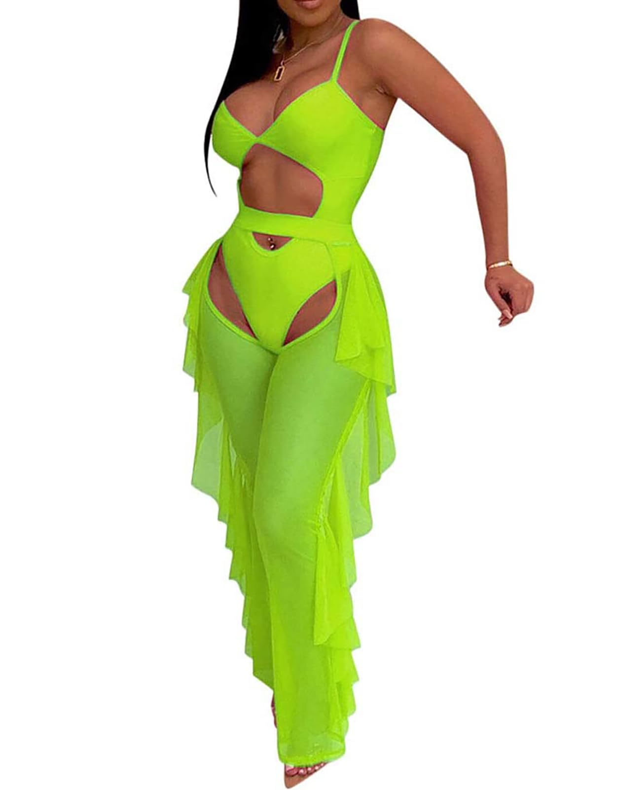 Two Piece Sling Crop Top Ruffle Long Pant