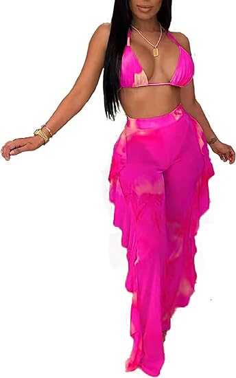 Two Piece Cropped Top Ruffled Trousers