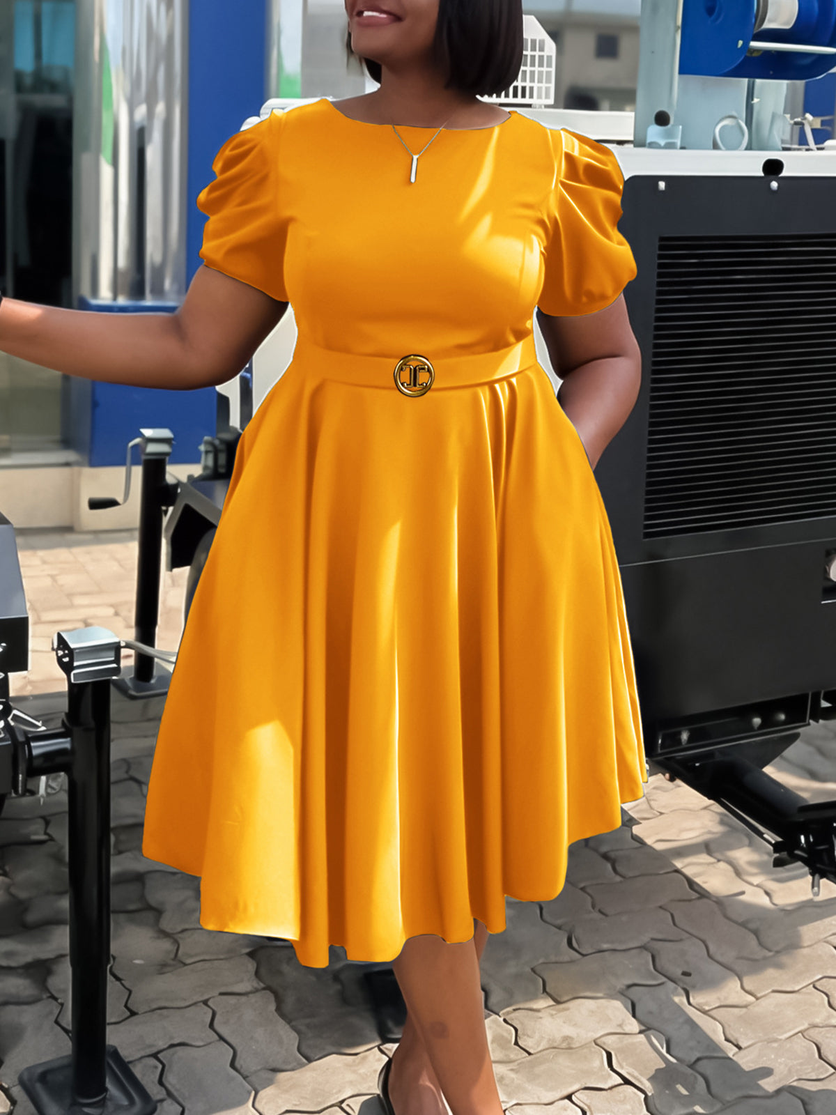 Puff Sleeve Belted A-Line Midi Dress