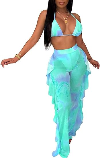 Two Piece Cropped Top Ruffled Trousers