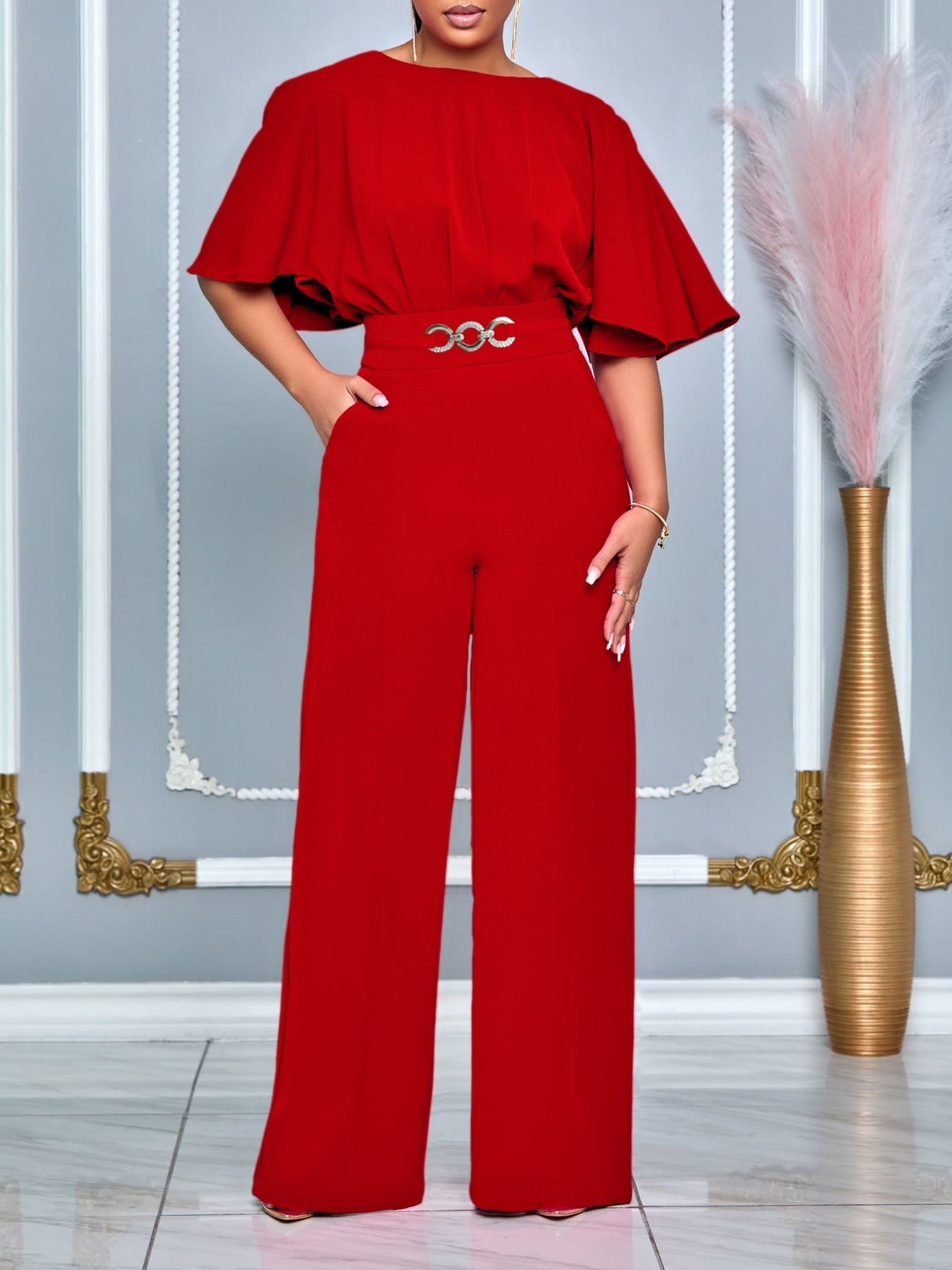 Round Neck Solid Color Wide-Leg Jumpsuit