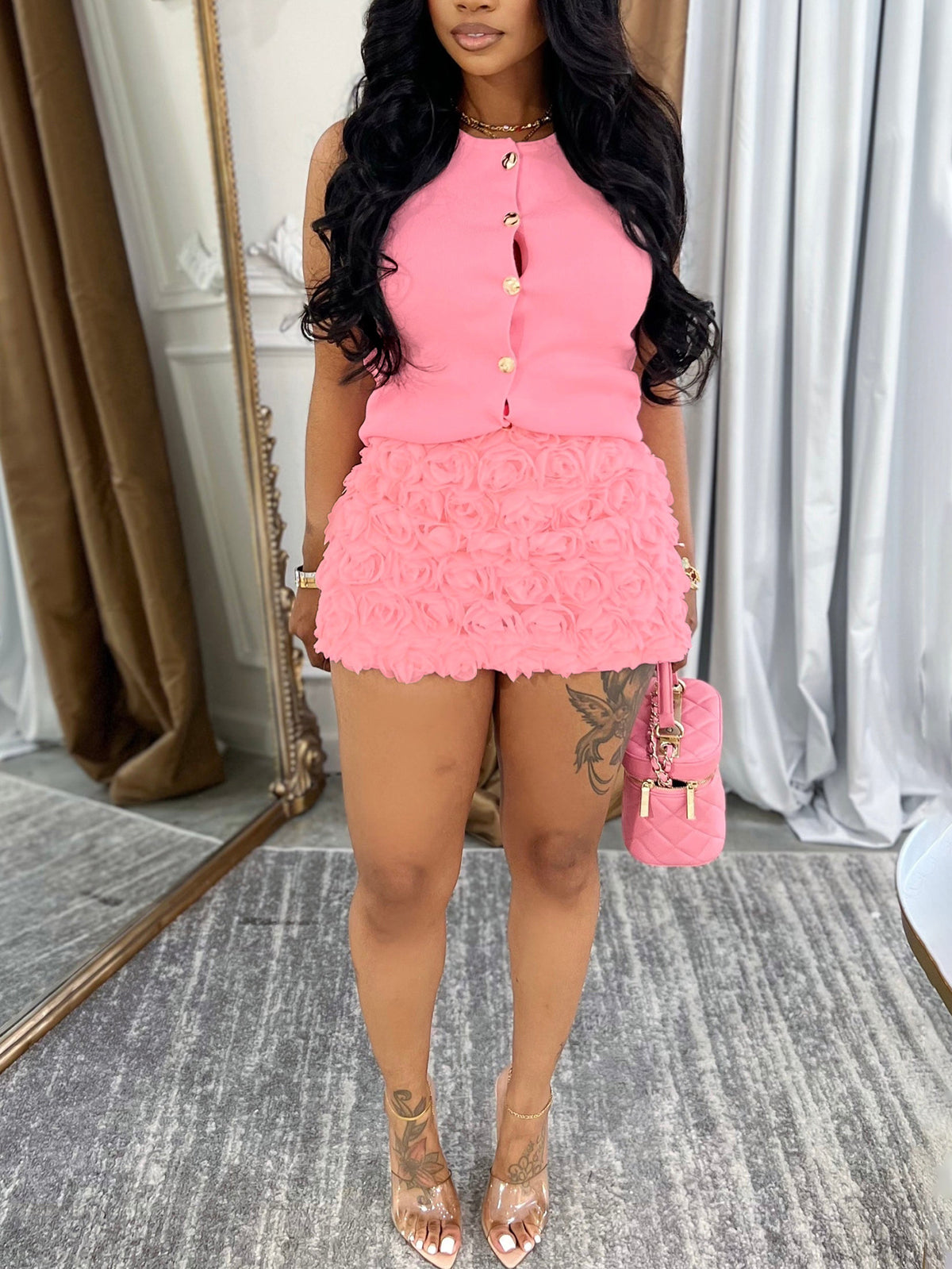 Sleeveless Button Top Floral Skirt Set