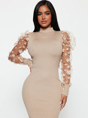 Mesh Patchwork Long Sleeve Floral Midi Dress