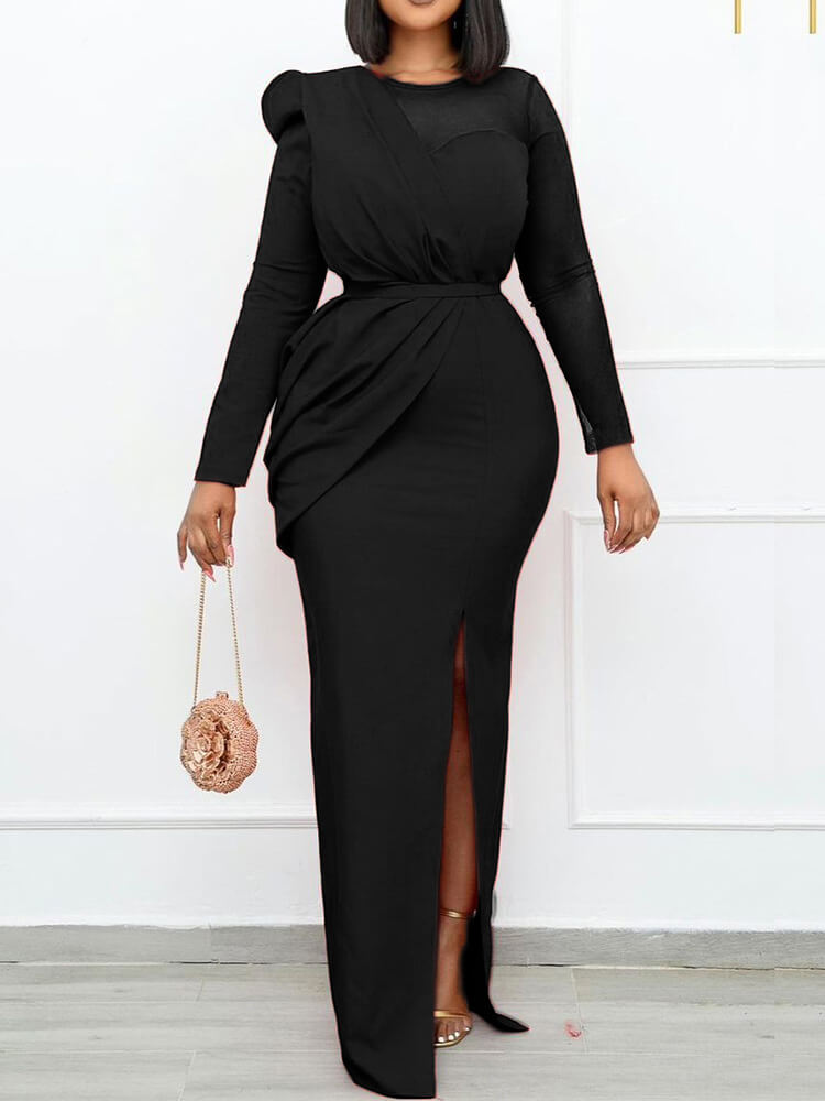 Long Sleeve Mesh Patchwork Split Maxi Dress