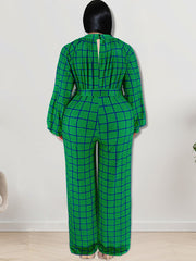 Long Sleeve Plaid Print Wide Leg Jumpsuit