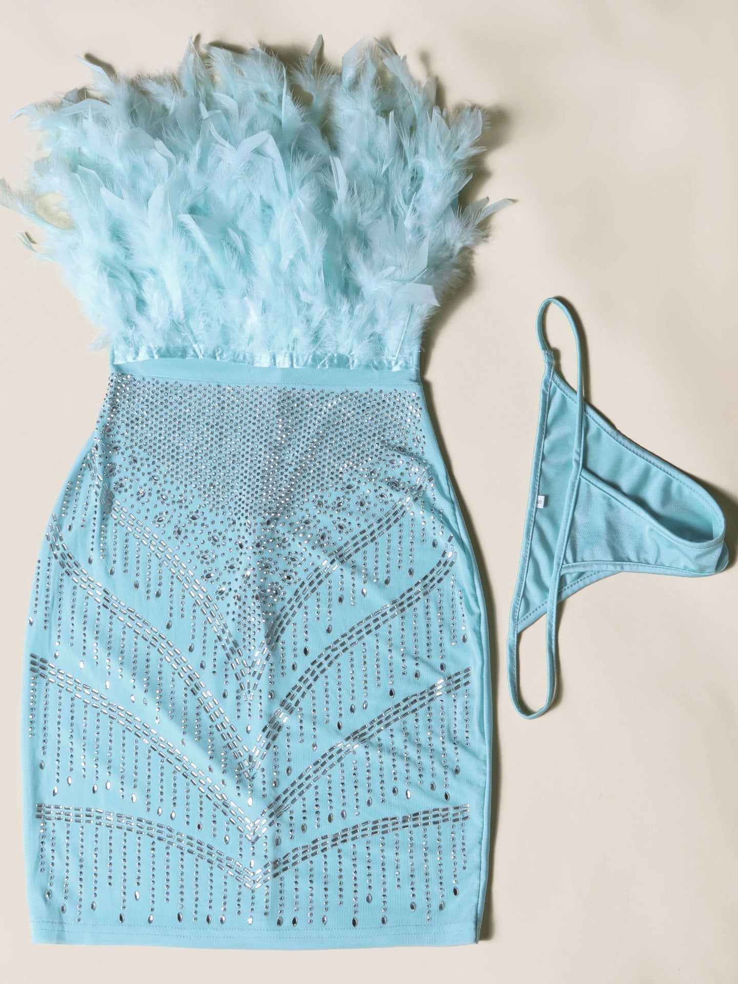 Feather Rhinestone Strapless Mini Dress