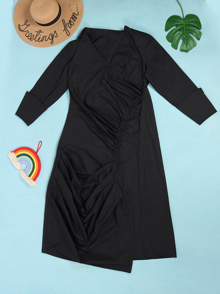 Long Sleeve V Neck Ruched Split Top