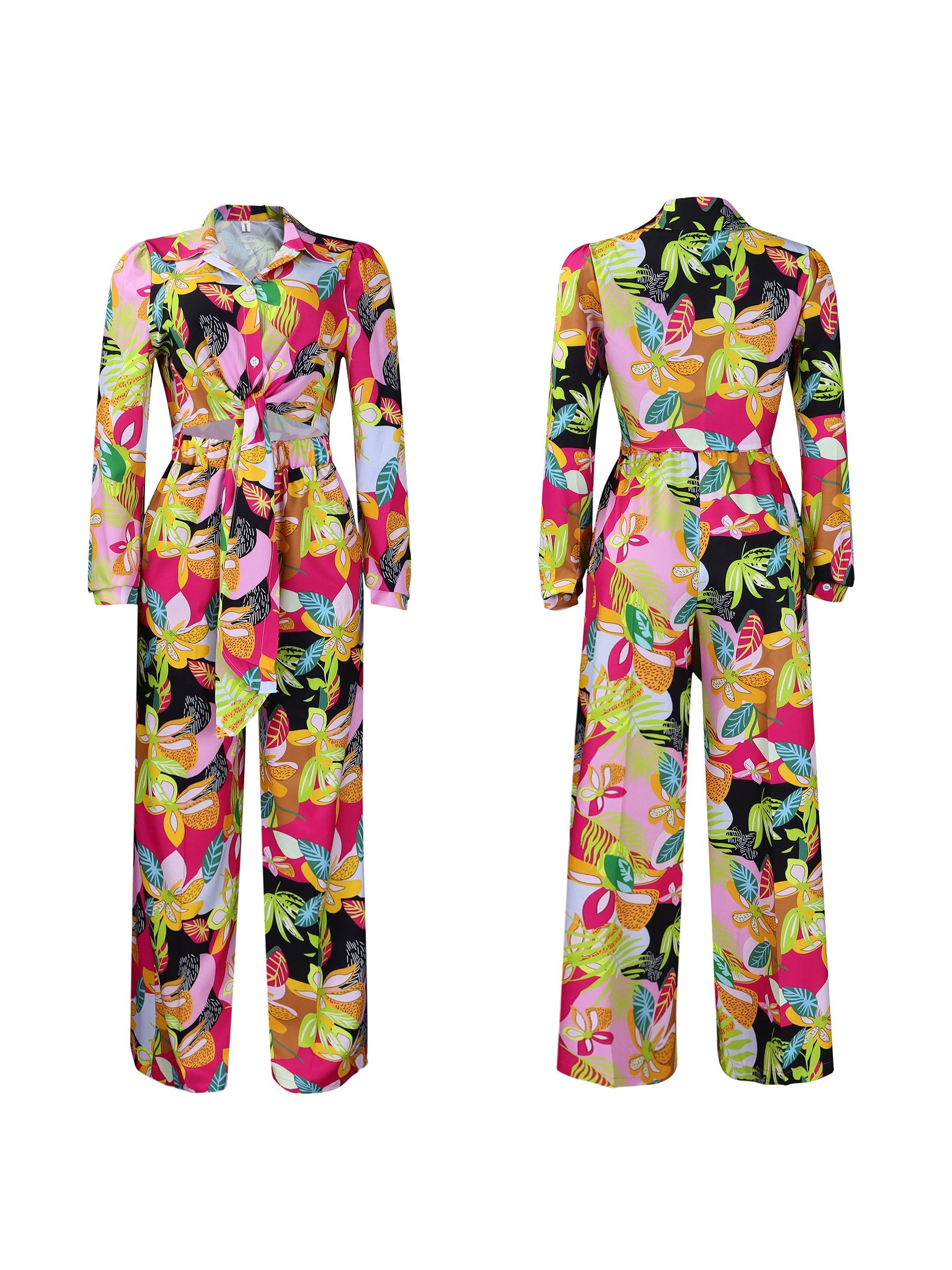 Printed Two-Piece Set with Collar Tie Shirt & Wide-Leg Pants