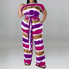 Plus Size Printed Belted Top Wide Leg Pants
