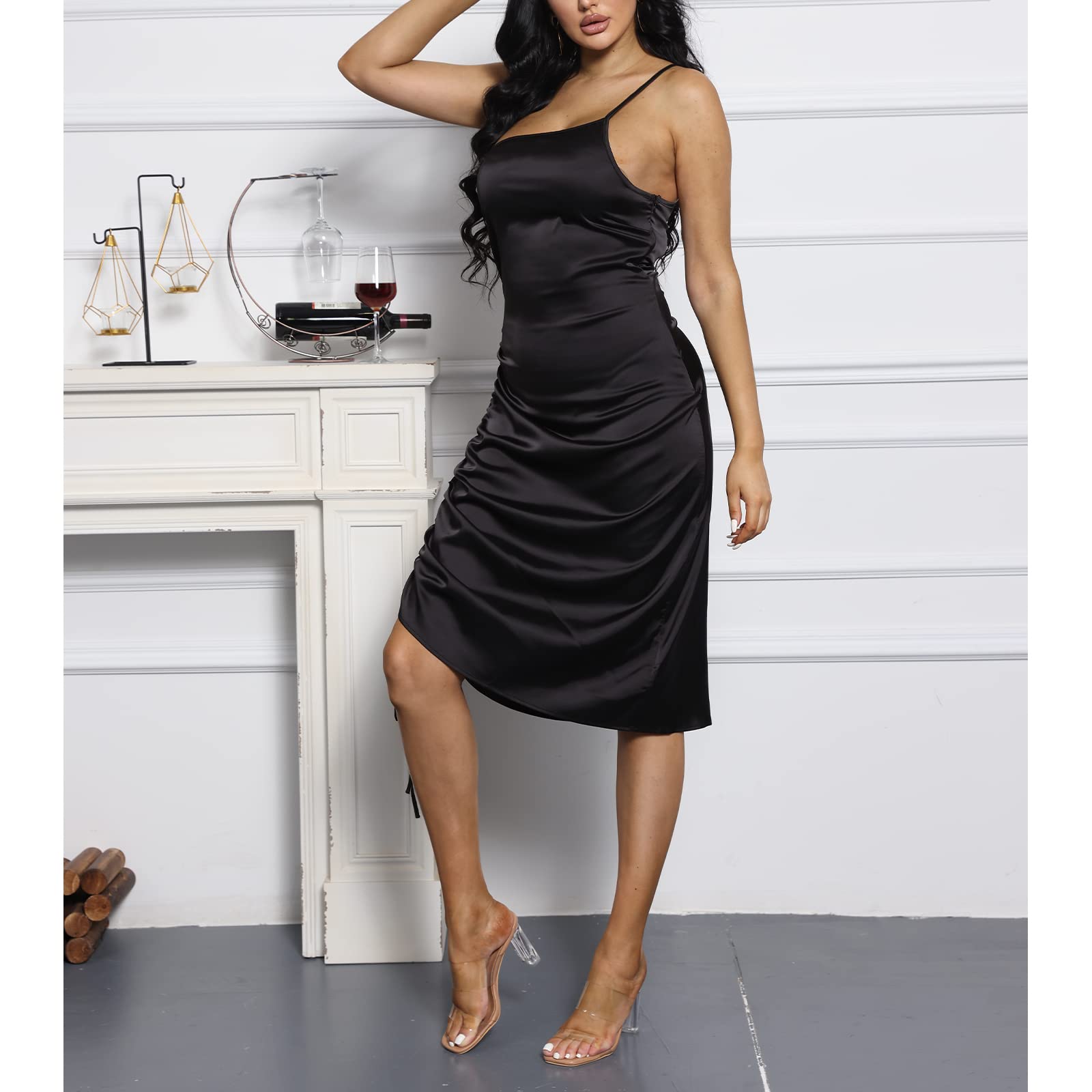 Spaghetti Strap Drawstring Ruched Dress