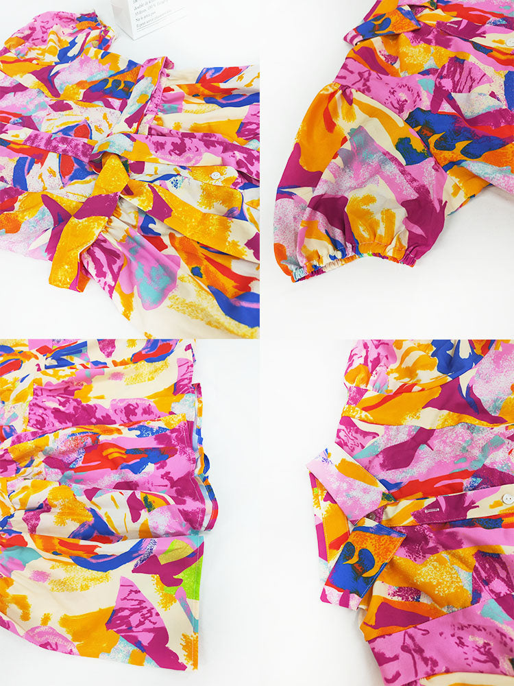 Short Lantern Sleeve Floral Print Midi Dress