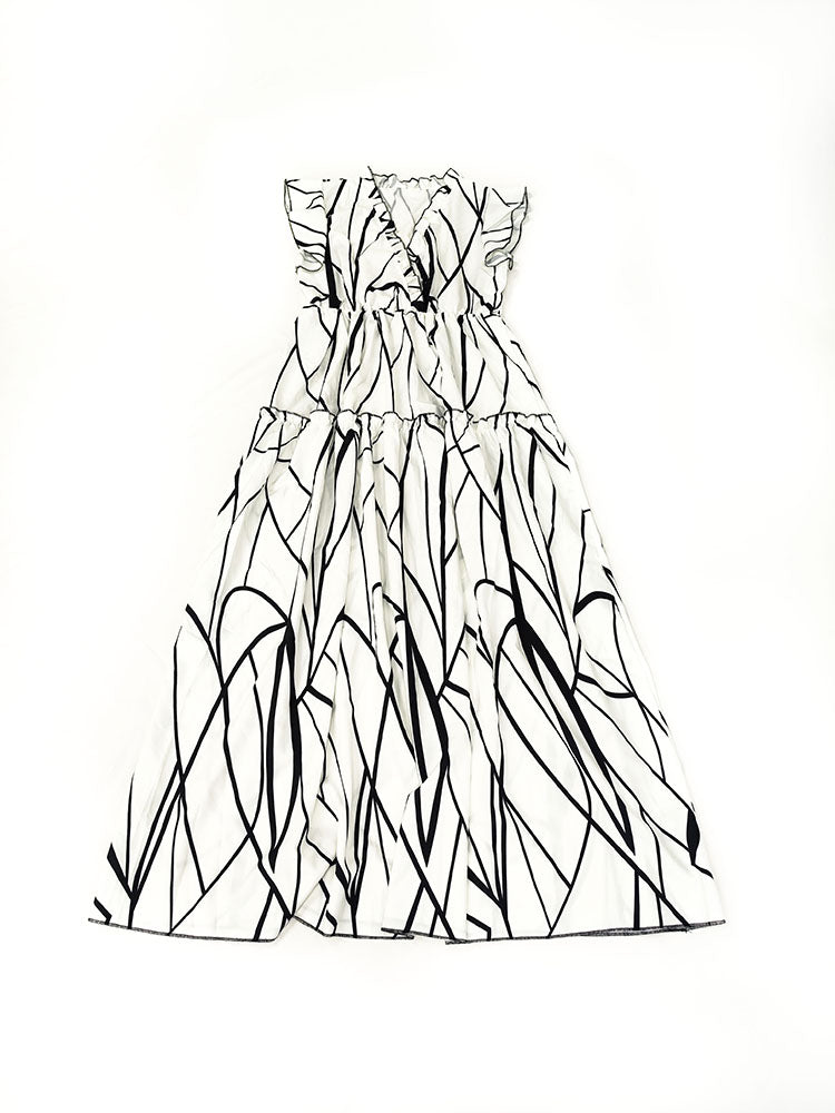 Geometric Print V-Neck Ruffle Hem Maxi Dress