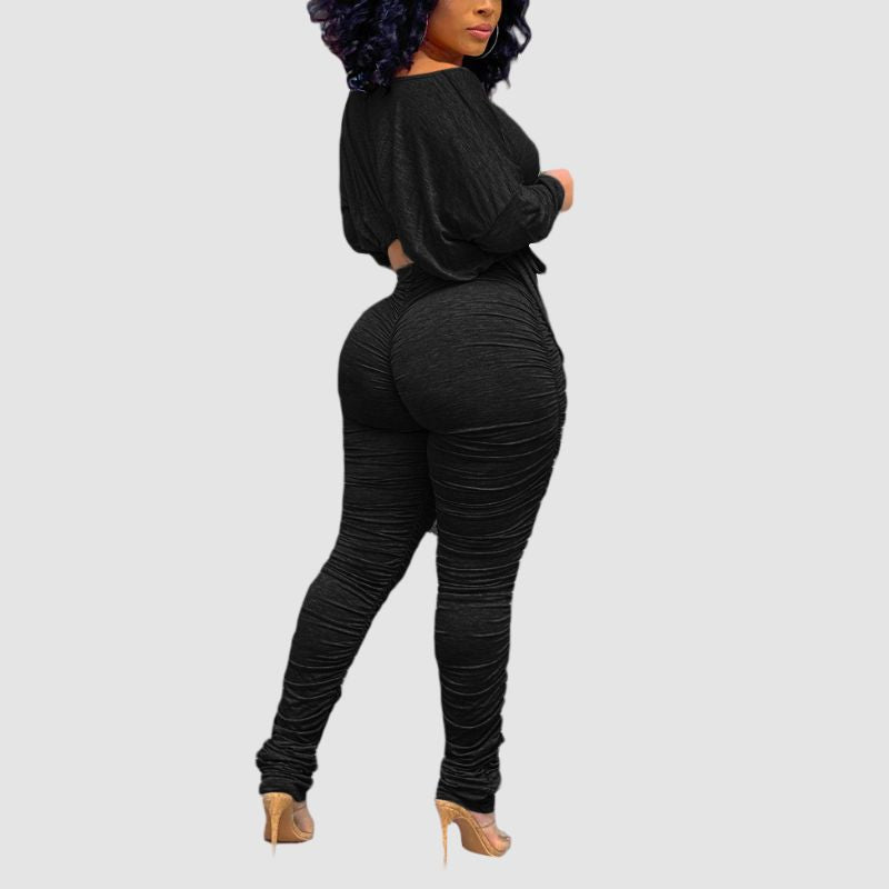 Drawstring Crop Top Pleated Pant Set