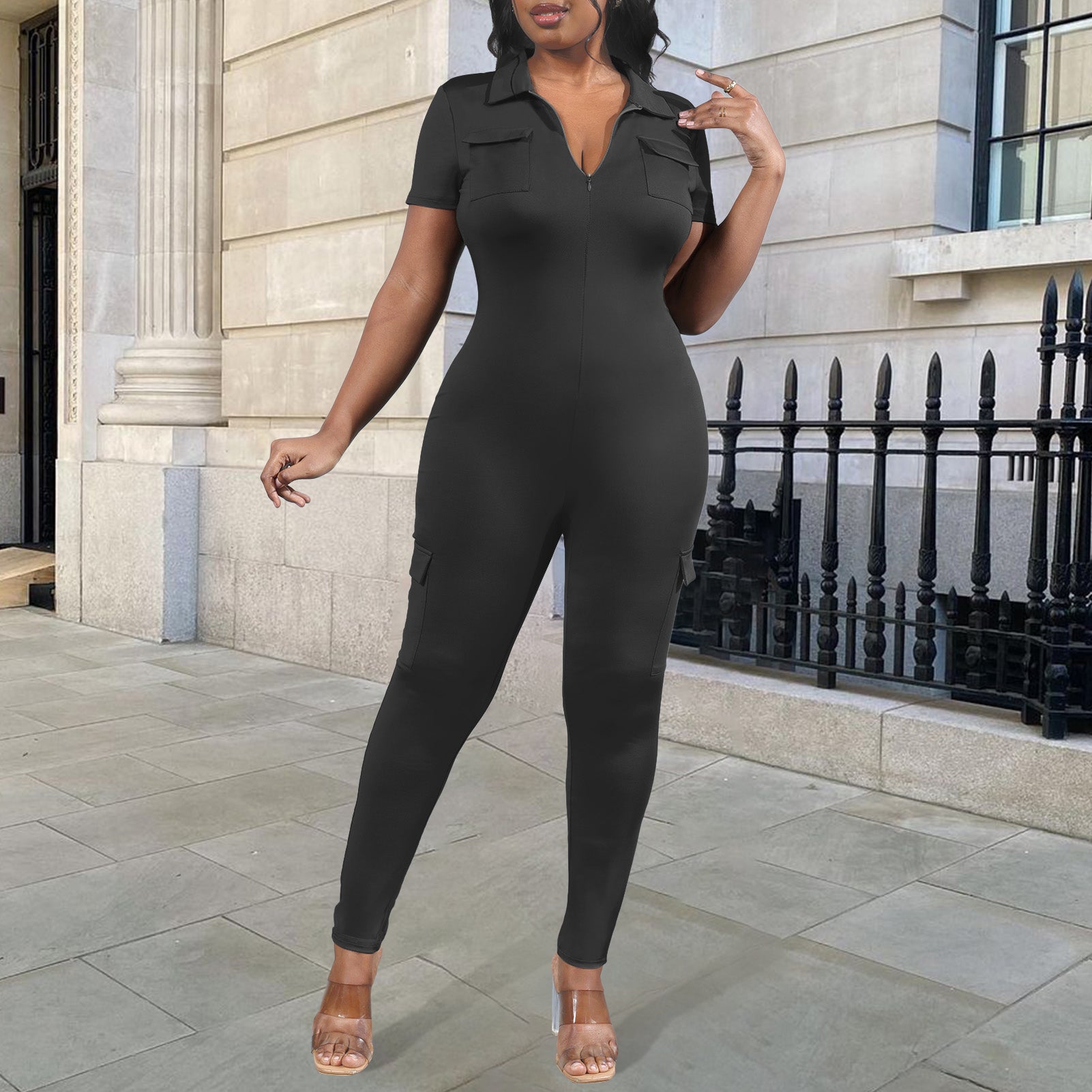 V-Neck Solid Color Bodycon Jumpsuit