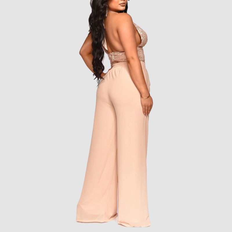 Sequined Halter Vest High Waisted Straight Pants Set