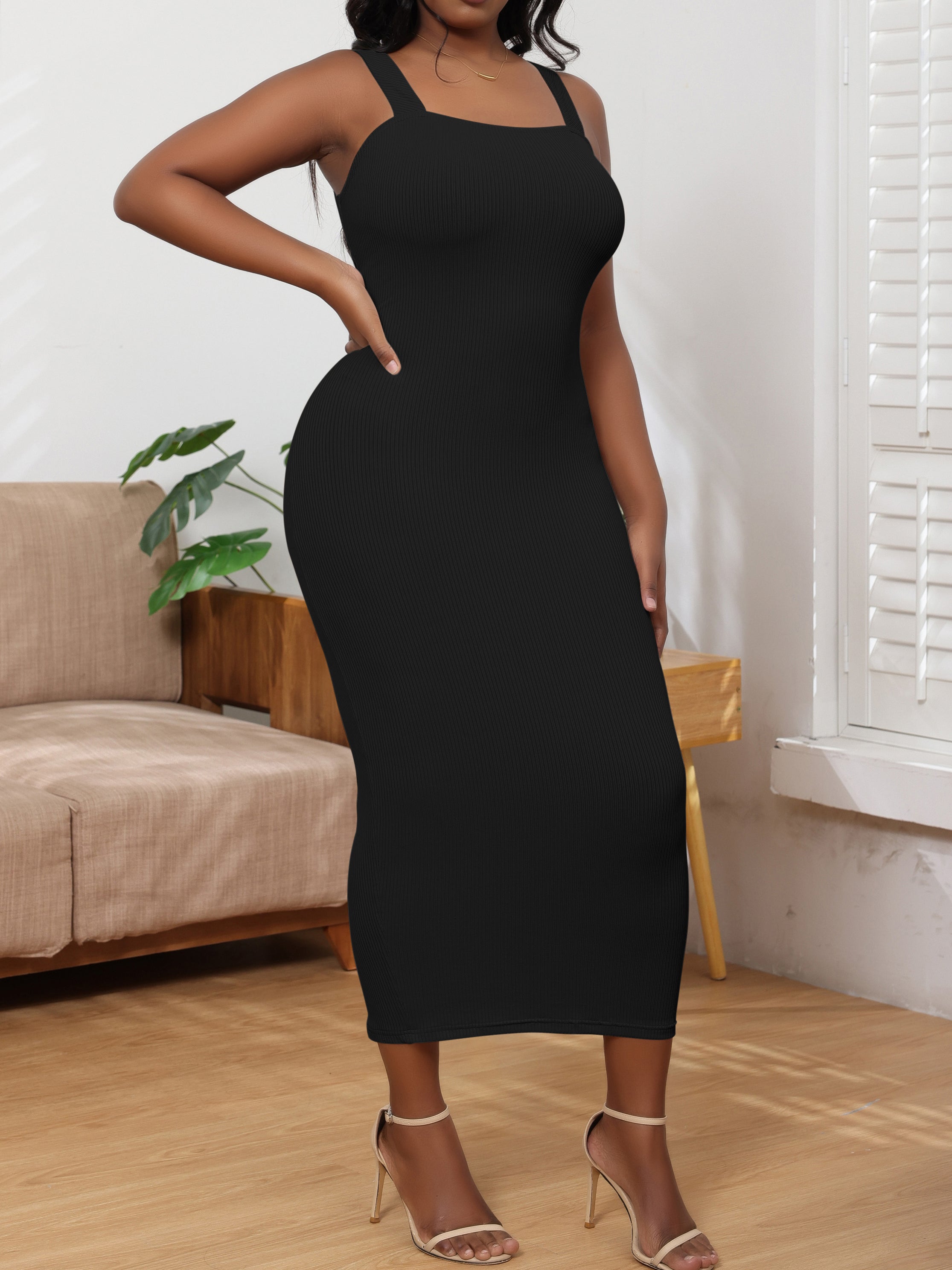 Solid Color Ribbed Sleeveless Cami Maxi Dress