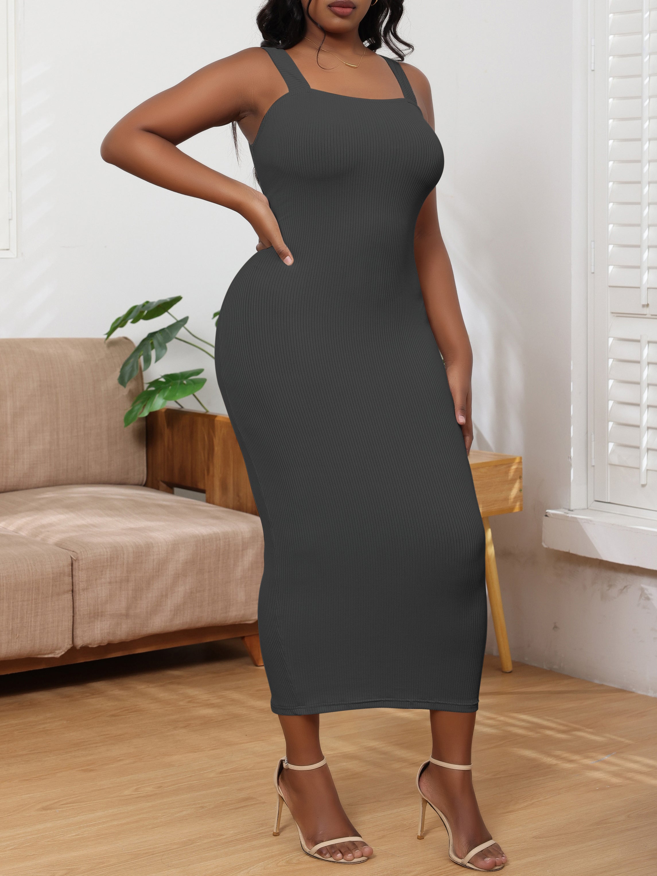 Solid Color Ribbed Sleeveless Cami Maxi Dress