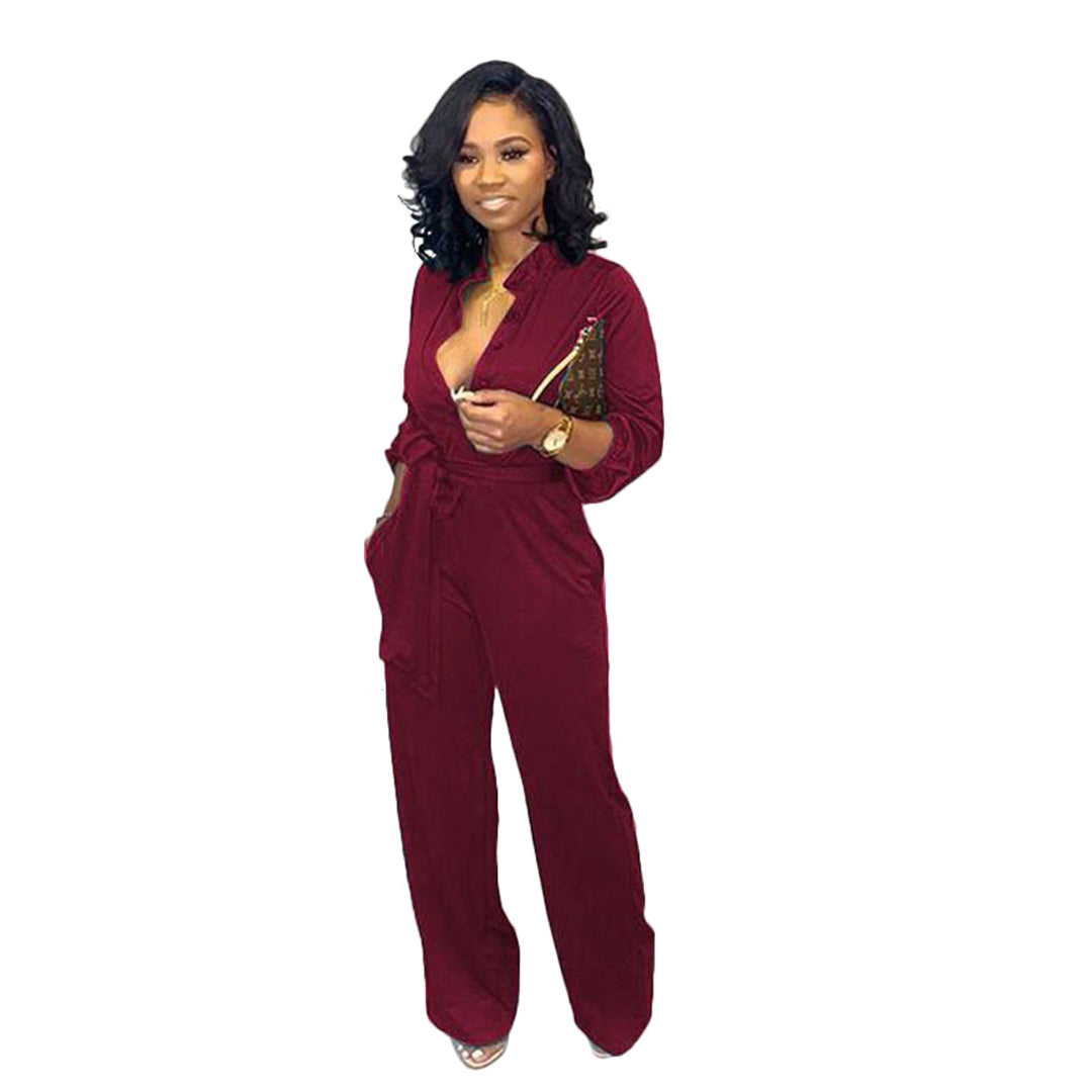 Long Sleeve Button Wide Leg Jumpsuit