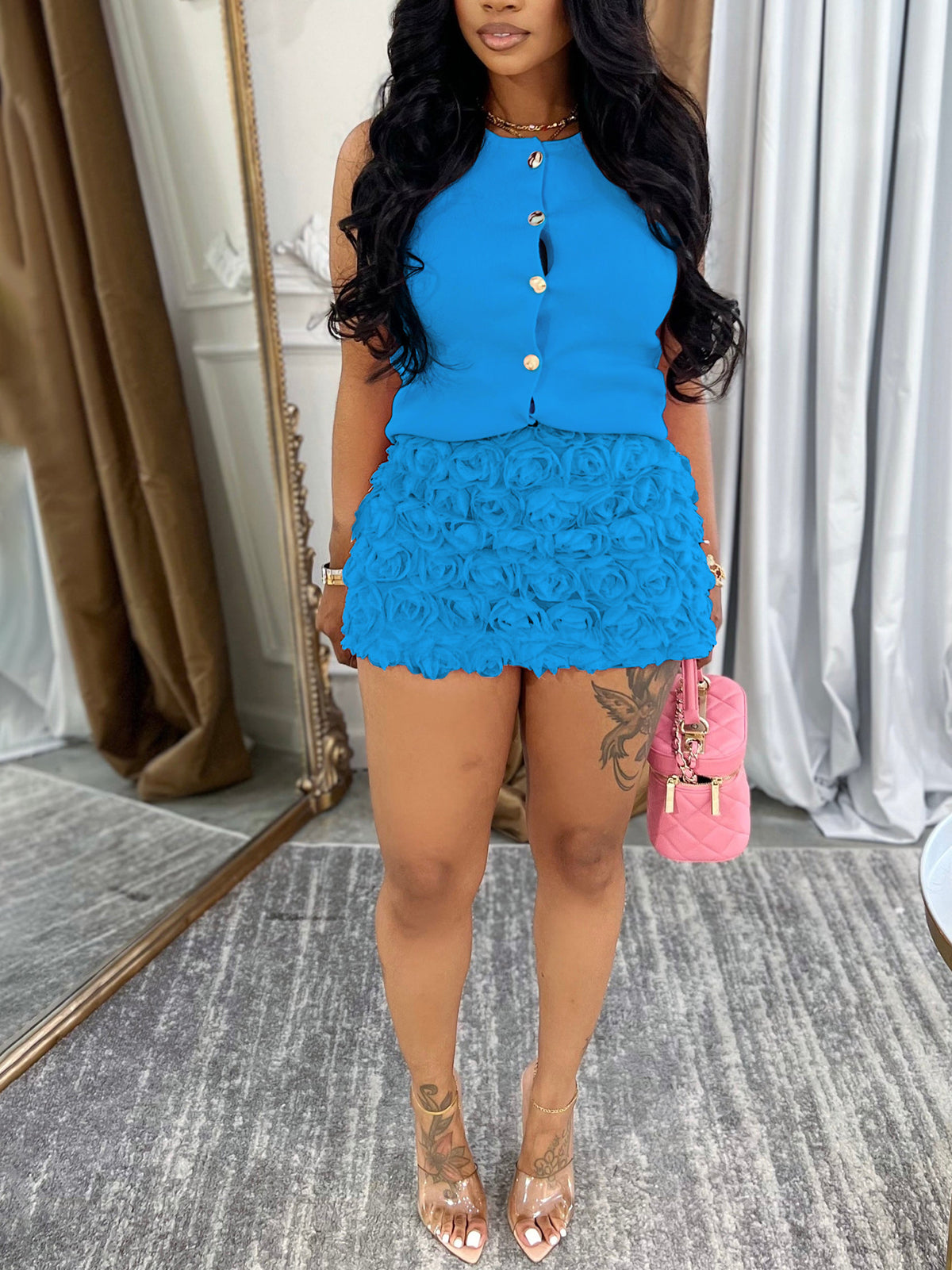 Sleeveless Button Top Floral Skirt Set