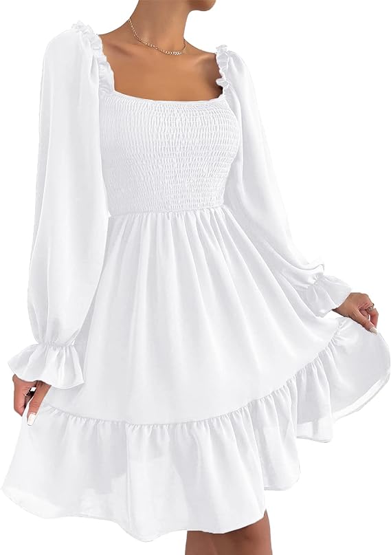 Square Neck Puff Sleeve Ruffle Hem Dress