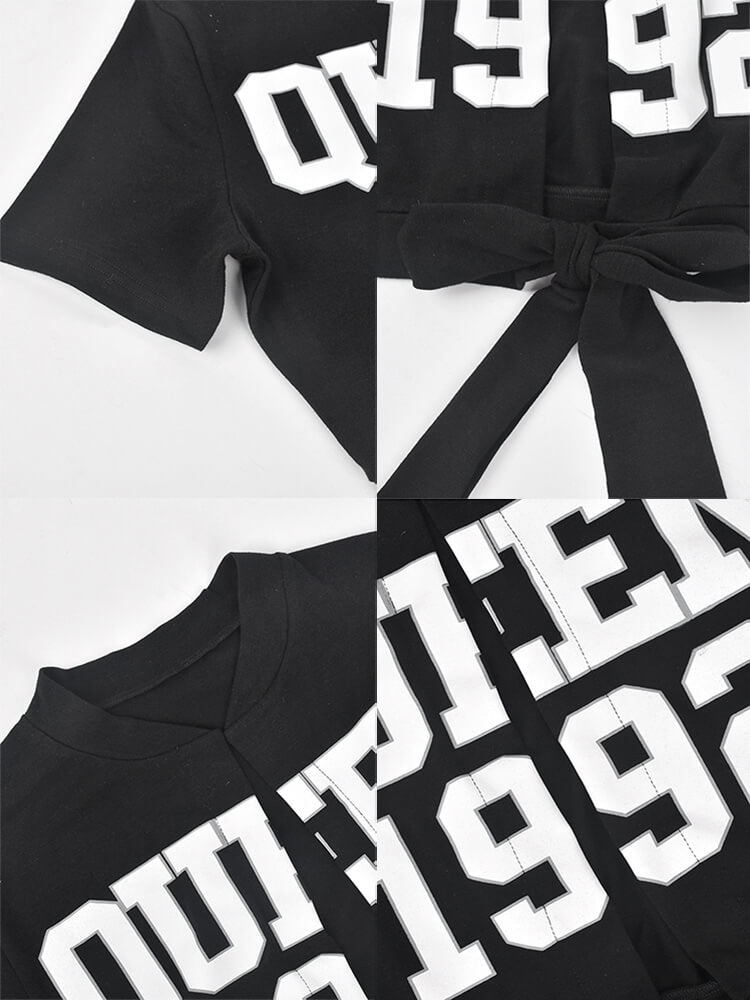 Short Sleeve Letter Print Lace Up Top