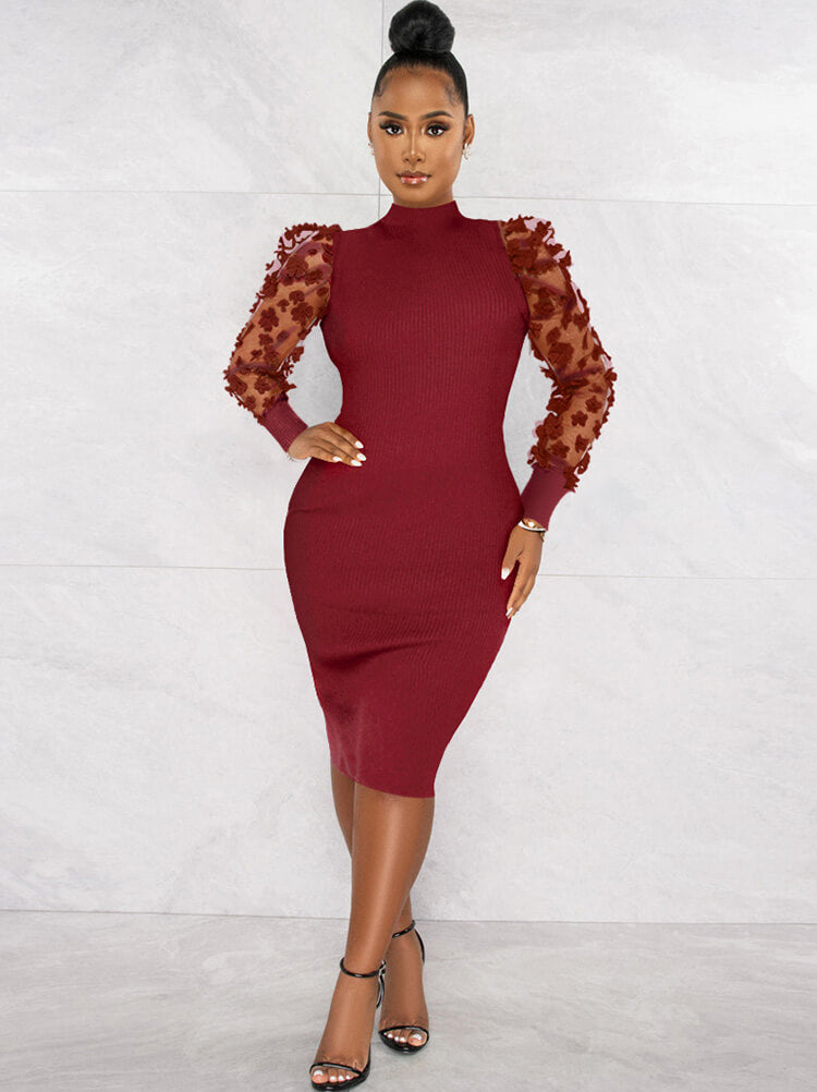 Mesh Patchwork Long Sleeve Floral Midi Dress