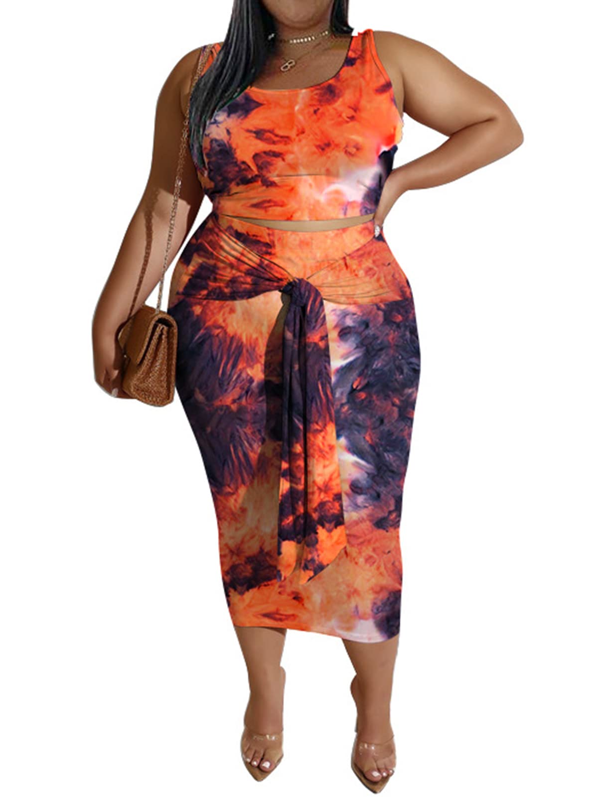 Plus Size Print Sleeveless Top Skirt Set