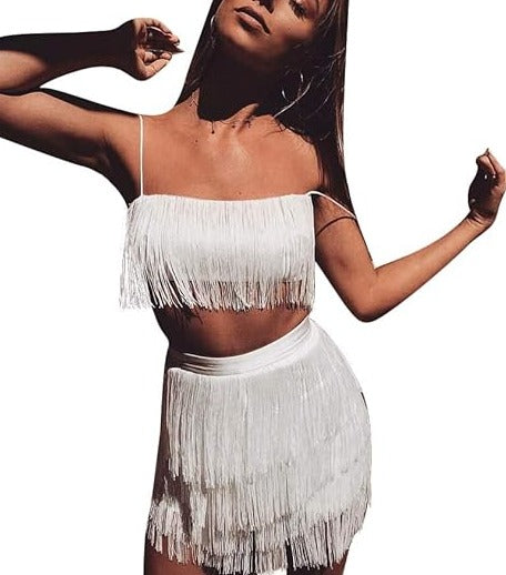 Two Piece Camisole Fringe Top skirt Set