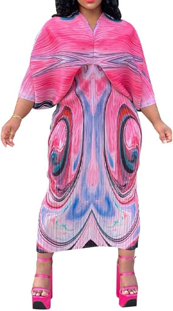 V Neck Bat Sleeve Floral Printed Dress