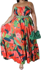 Plus Size Sleeveless Floral Print Ruffle Maxi Dress