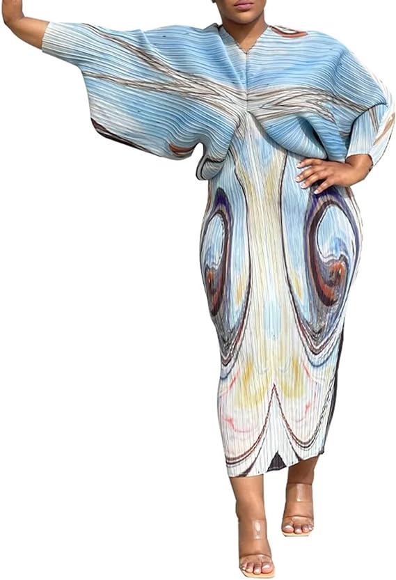 V Neck Bat Sleeve Floral Printed Dress