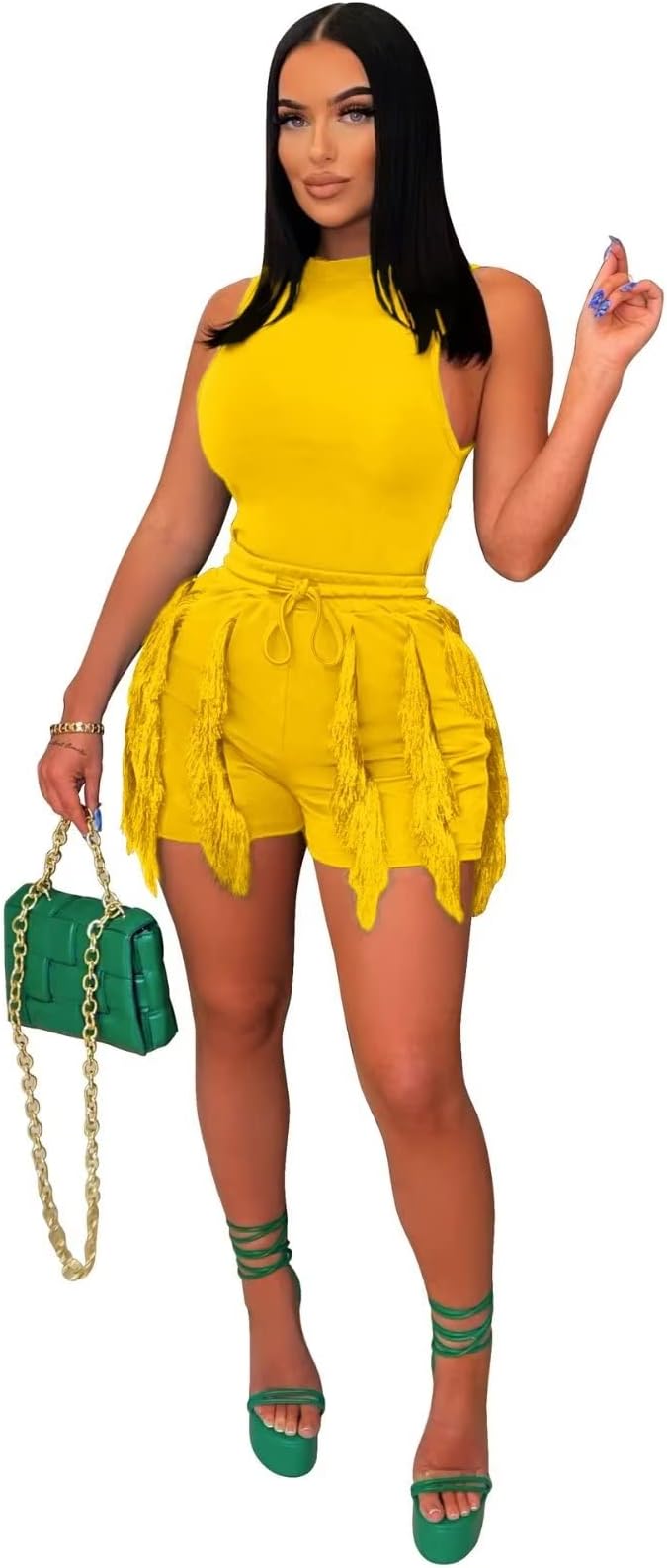 Two Piece Sleeveless Crop Top Tassel Shorts