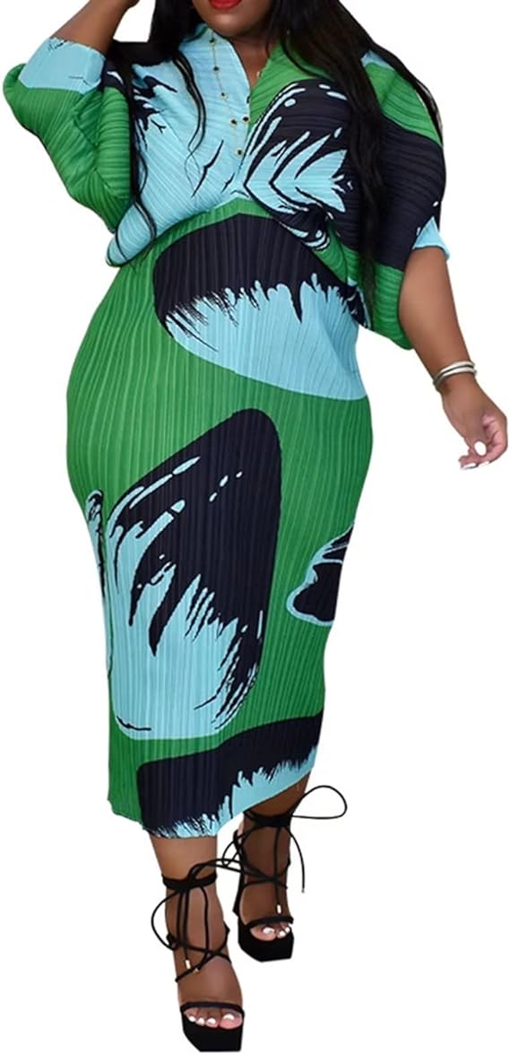 V Neck Bat Sleeve Floral Printed Dress