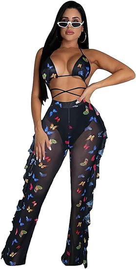 Two Piece Cropped Top Ruffled Trousers