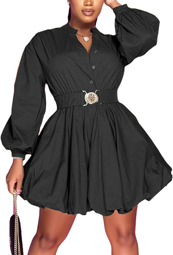 Puffy Long Sleeve Button Down Shirt Dress