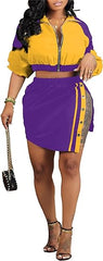 Two Piece Long Sleeve Zip Jacket split Skirts