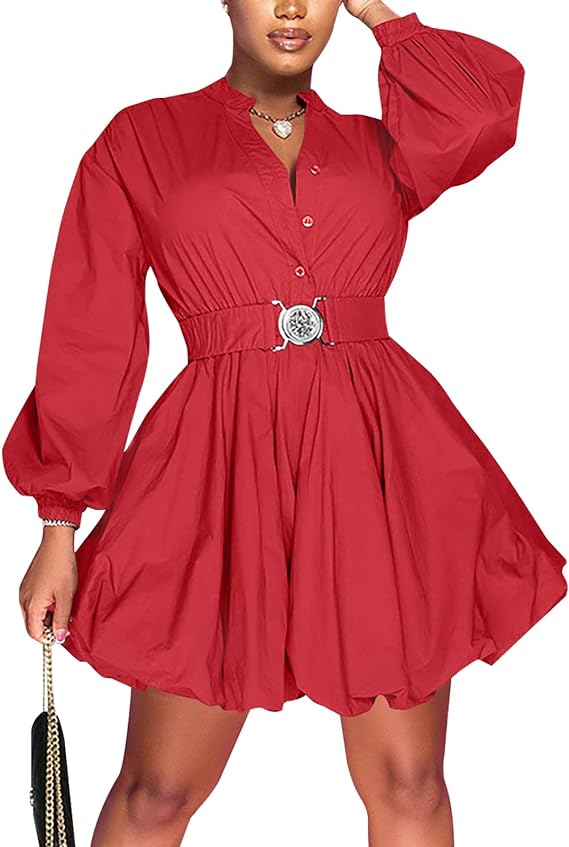 Puffy Long Sleeve Button Down Shirt Dress