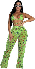 Two Piece Cropped Top Ruffled Trousers