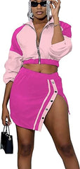 Two Piece Long Sleeve Zip Jacket split Skirts