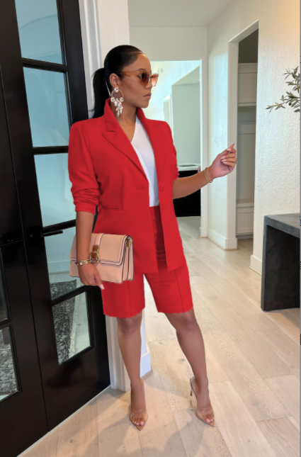Two Piece Long Sleeve Blazer Shorts Pant Set
