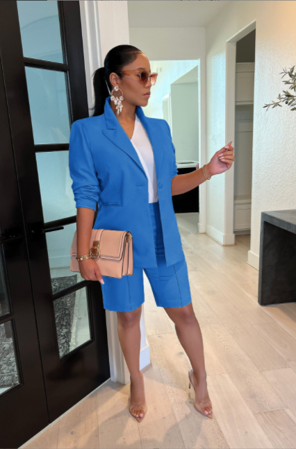 Two Piece Long Sleeve Blazer Shorts Pant Set