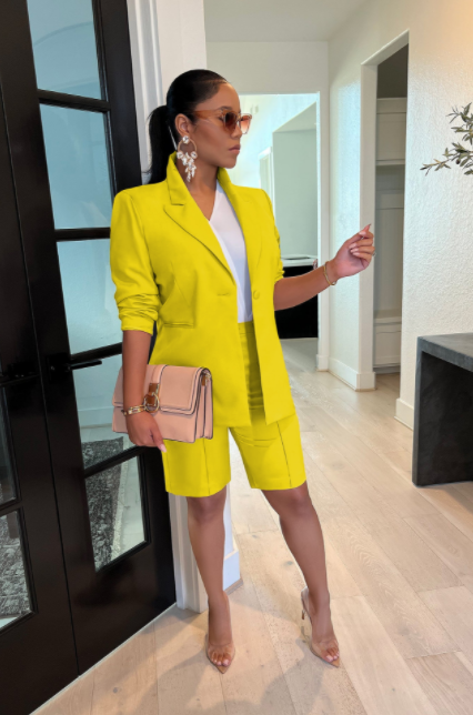 Two Piece Long Sleeve Blazer Shorts Pant Set