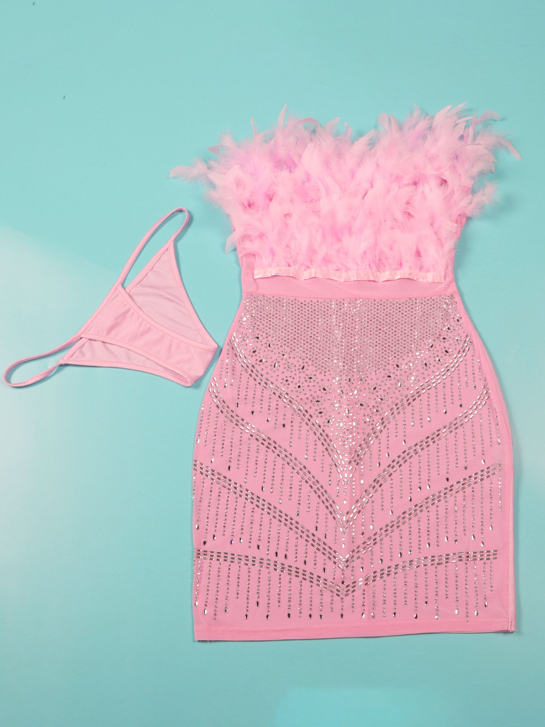 Feather Rhinestone Strapless Mini Dress