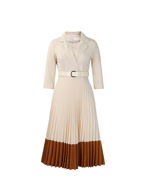 Belted Color-Block Pleated Blazer Midi Dress